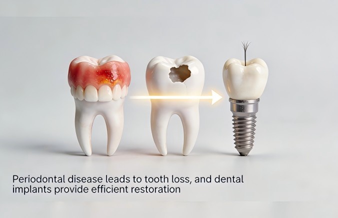 Periodontal disease leads to tooth loss, and dental implants provide efficient restoration