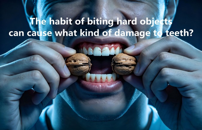 What damage does the habit of biting hard objects cause to teeth?