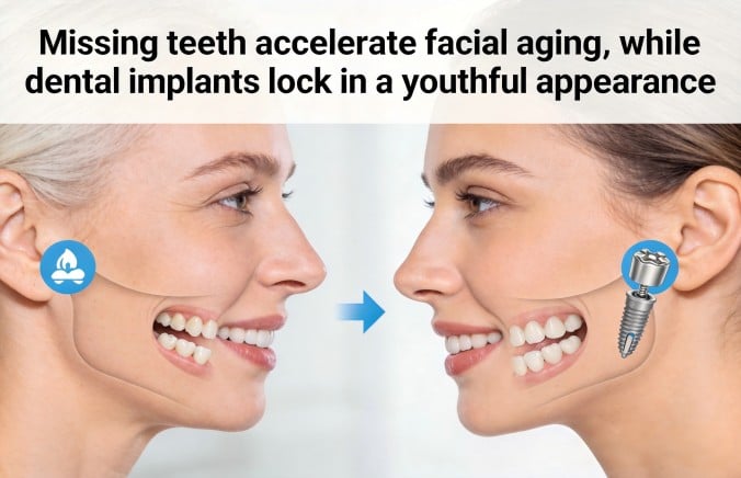 Missing teeth accelerate facial aging; choose dental implants to lock in a youthful appearance.