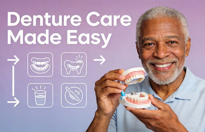 What should people who wear dentures pay attention to in their daily care?