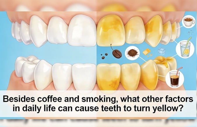 Besides coffee and smoking, what other factors in daily life can cause teeth to turn yellow?